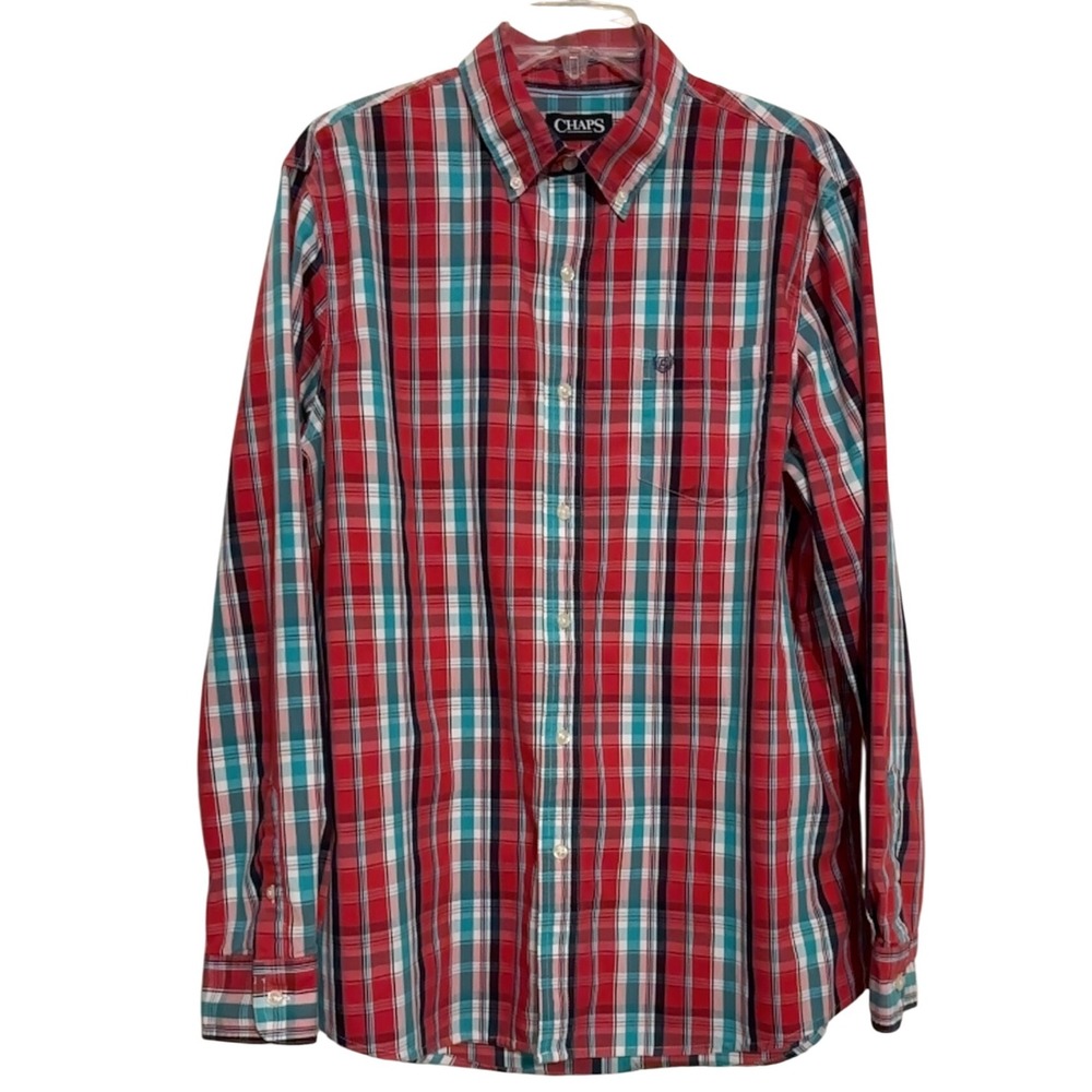 Chaps Stretch Easy Care Button Down Shirt Plaid Long Sleeve Red Size Large L EUC